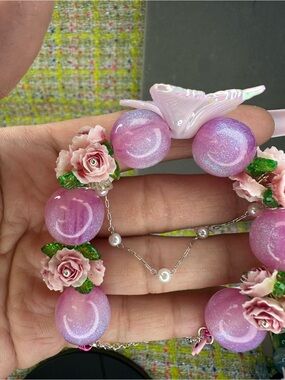 Pink acrylic Floral with Coral Beaded Bracelet